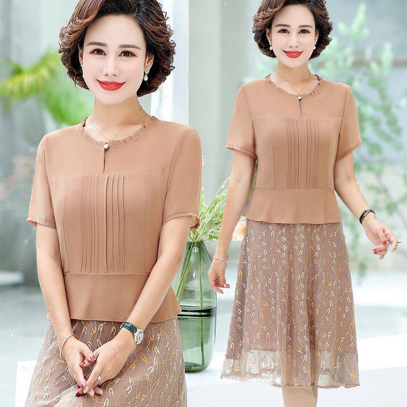 妈妈夏装雪纺连衣裙新款40到50岁女人中年女装短袖洋气质过膝裙子