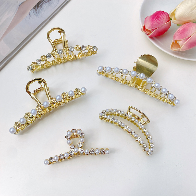 Korean Metal Pearl Barrettes Women's Back Head Grip Large Hairpin Online Influencer Refined Elegant Shark Clip Hairware