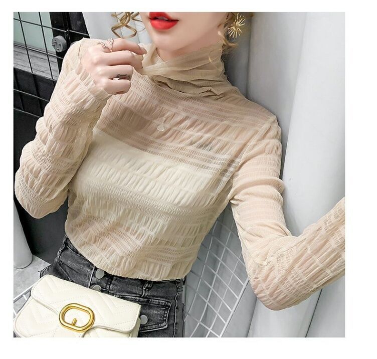 Wooden Ear Bubble Lace Shirt Autumn and Winter New Women's Half Turtleneck Versatile Slimming and Warm Mesh Western Style Shirt