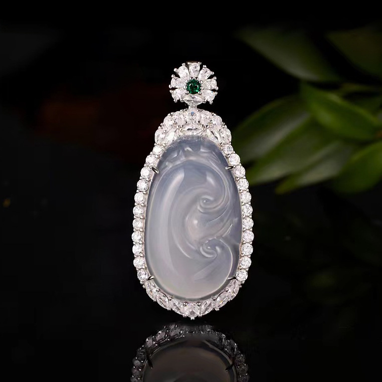 s925纯银天然高冰玉髓如意吊坠冰种玉髓项链女新中式银镶玉锁骨链