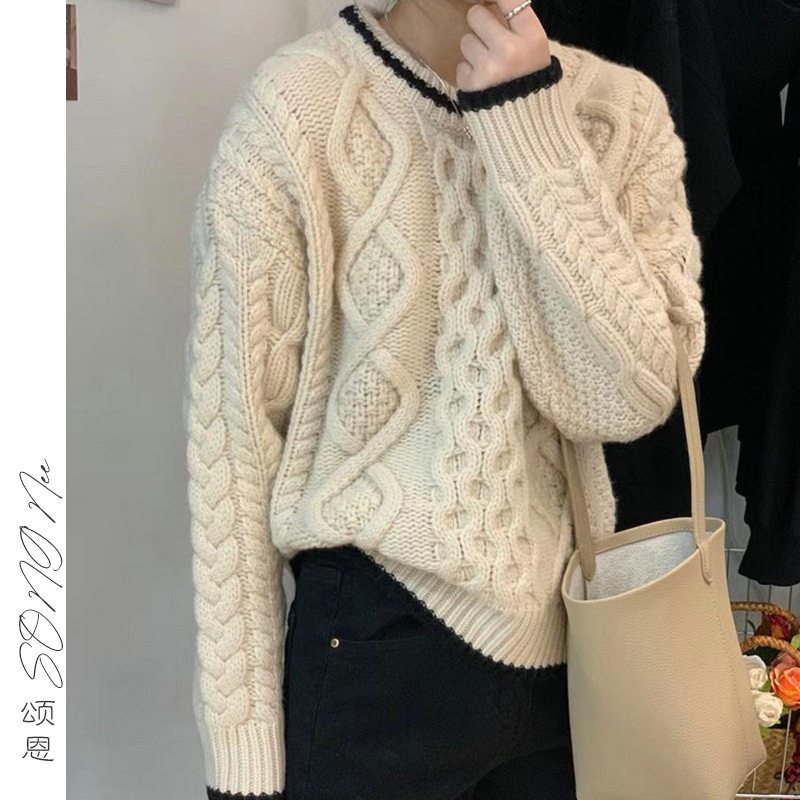 韩国东大门毛衣女秋季新欧货慵懒风撞色加厚粗棒针大版麻花针织衫