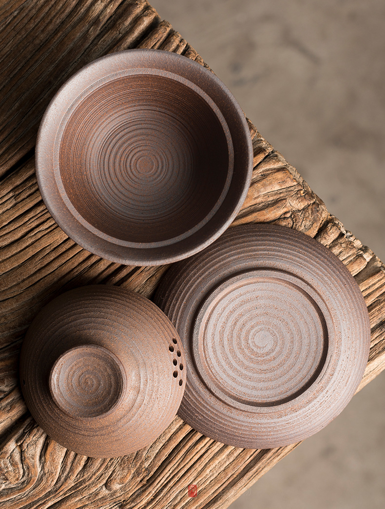 陶迷粗陶盖碗无釉手抓壶复古功夫茶具三才碗单茶壶家用陶瓷泡茶器