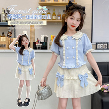女童学院风套装夏季可爱娃娃领衬衣+蝴蝶结蛋糕半身裙两件套夏装