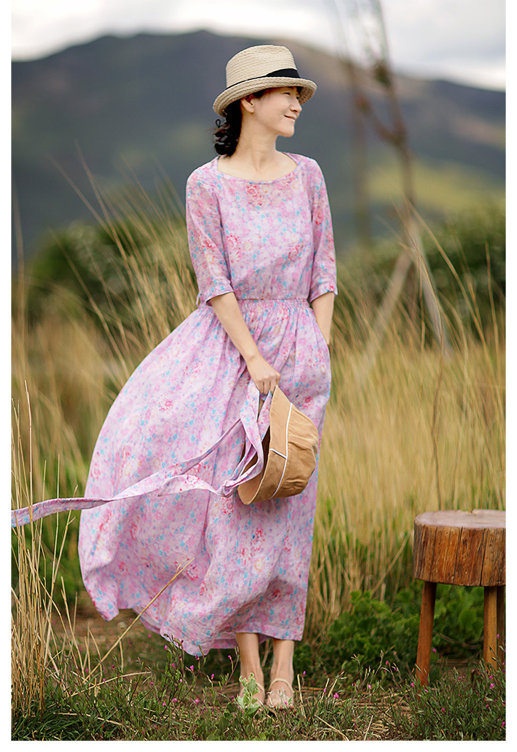 棉麻碎花连衣长裙女装