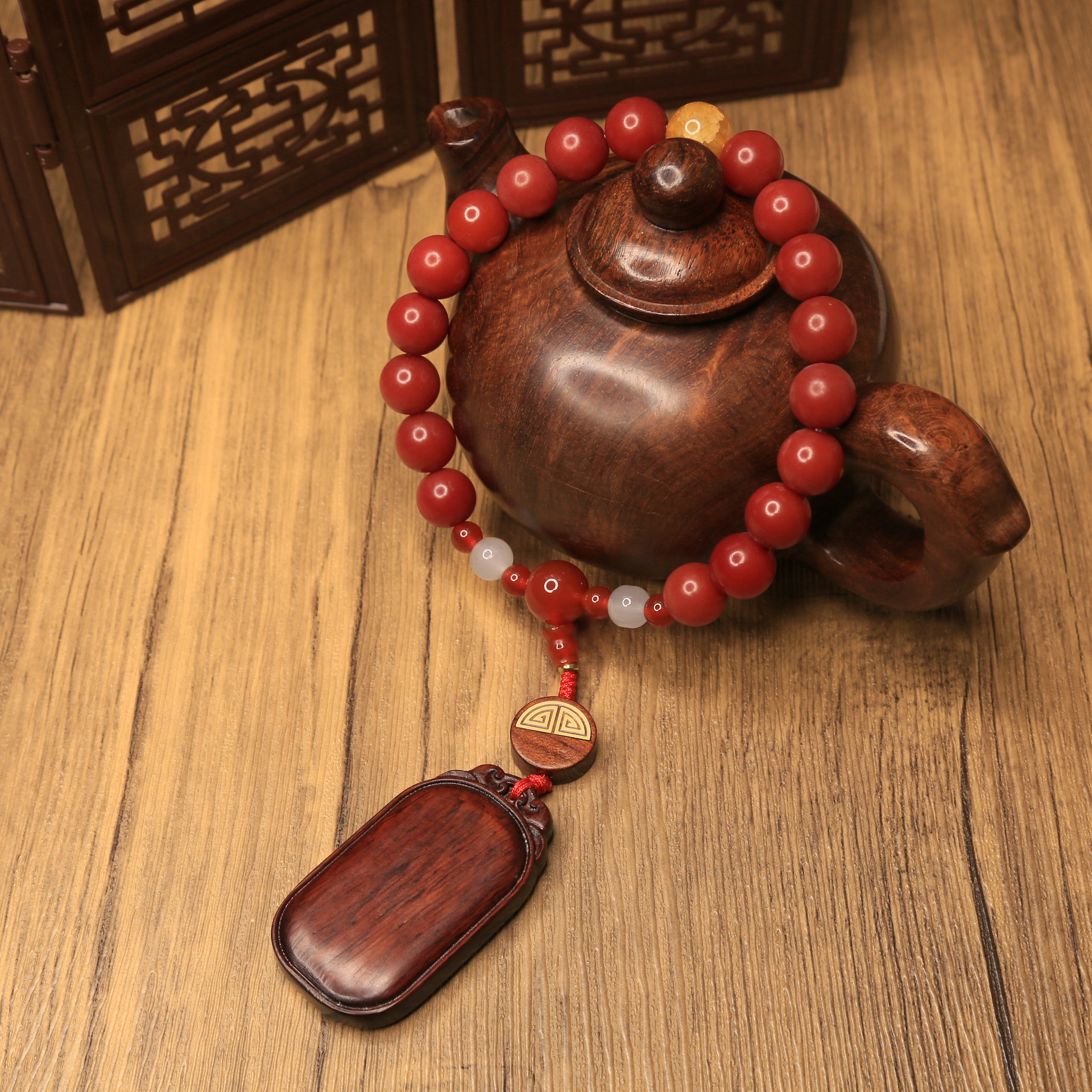 红菩提子配血檀牌原创diy手链文玩绕指柔手捻盘玩佛珠手串送礼