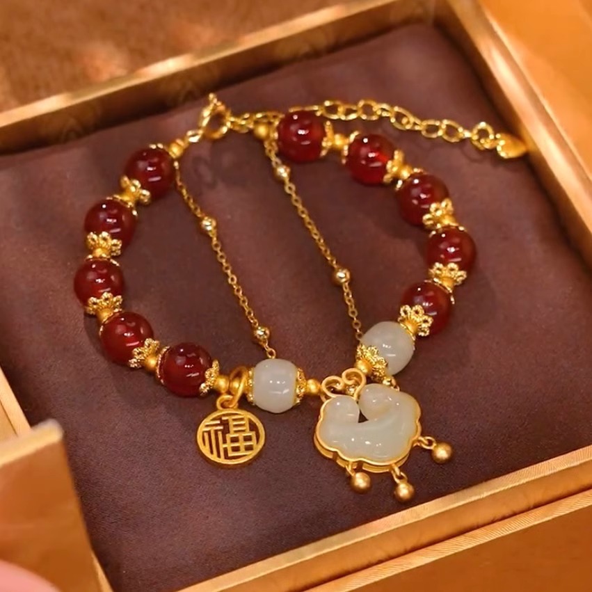 Safety Lock Hetian Jade Bracelet Female Court Retro Style High Sense Lady Special-Interest Design Blessing Card Bracelet Jewelry