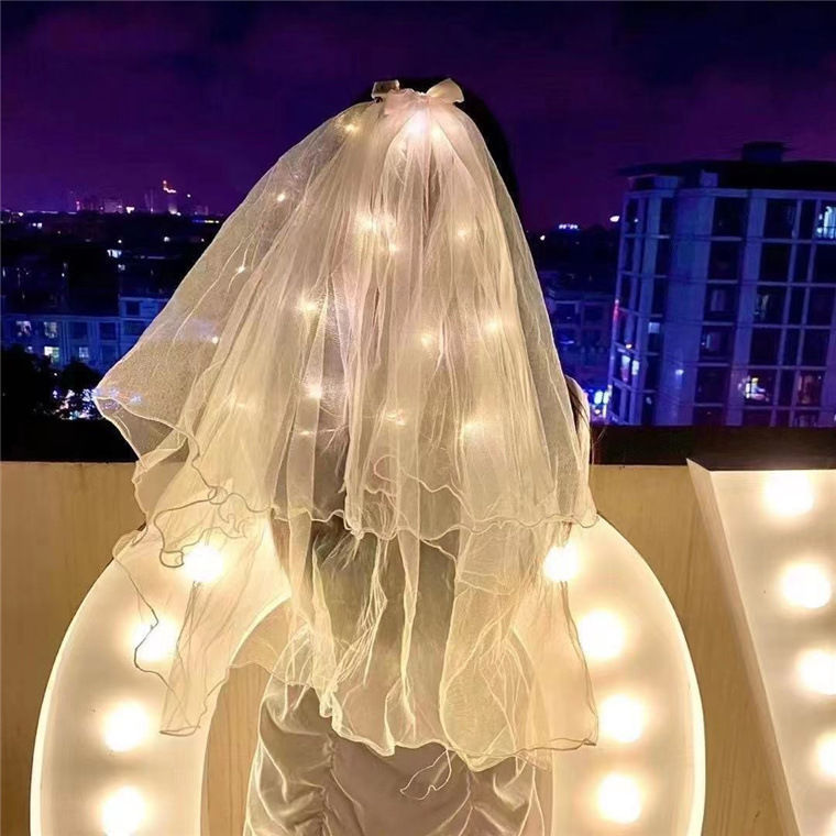 Internet Celebrity Light-Emitting Veil Double-Layer Super Fairy Popular Children Veil Trip Shoot Fairy Pearl with Light Headwear Props