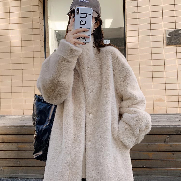 【落日晚枫】仿水貂毛绒皮毛一体外套女中长款加厚海宁皮草大衣冬