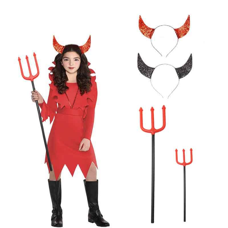 Zilin Cross-Border Halloween Party Ghost Festival Masquerade Cos Dress up Devil Horn Head Buckle Three Fork 2-Piece Set