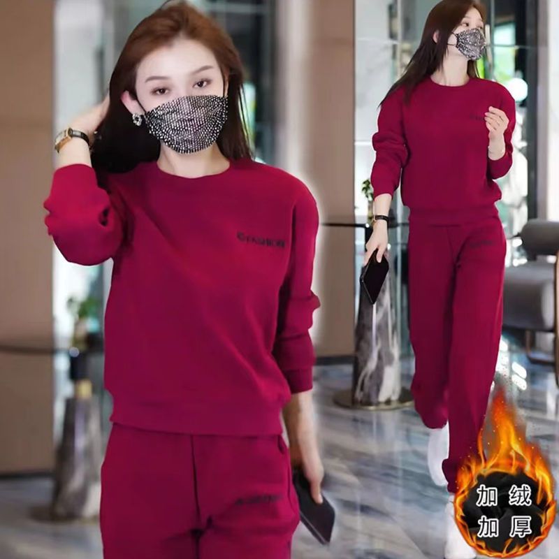 加绒加厚休闲套装女2025秋冬季新款韩版时髦洋气卫衣运动服两件套