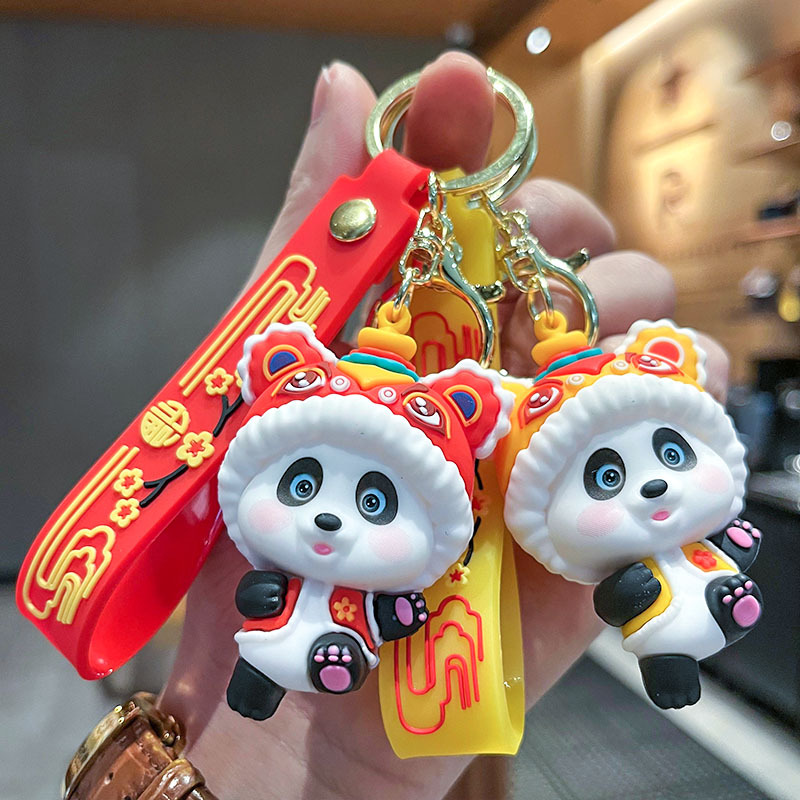 Cute National Fashion Chinese Style Folk Panda Three-Dimensional Doll Car Keychain Pendant Ornaments Night Market Gift Wholesale
