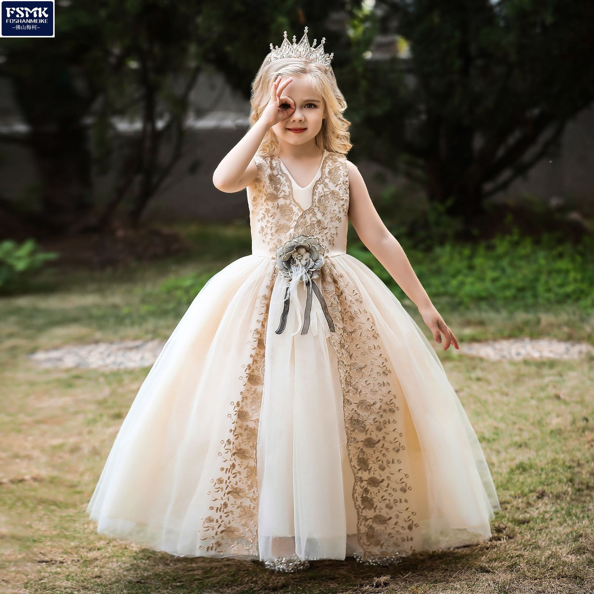 2022新款女童礼服公主裙无袖长裙花童婚纱礼服模特走秀钢琴演出服