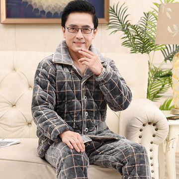 中老年人睡衣男秋冬贝贝绒夹棉长袖加厚加绒可外穿保暖家居服套装