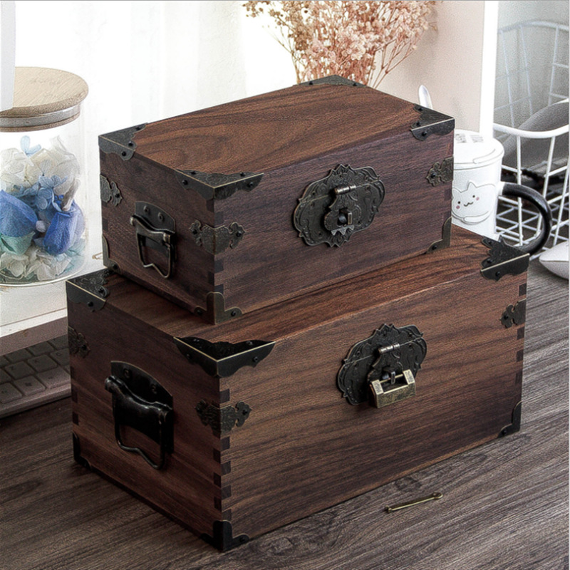 黑胡桃木质复古小木盒收纳储物收藏木制带锁木箱子木胡桃木盒子
