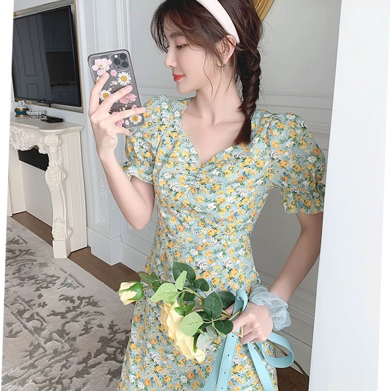 Monet Oil Painting Skirt Retro Square Collar Tea Dress Split French Chiffon Floral Sweet Dress 2023 Spring New