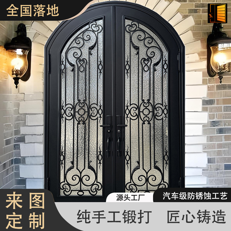 西班牙地中海式别墅大门纯手工锻打卷草纹自建房双开玻璃入户门