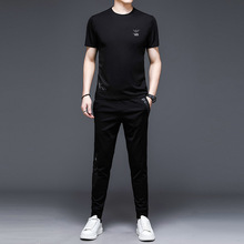 运动套装男夏季新款韩版潮流时尚刺绣圆领短袖t恤长裤休闲两件套