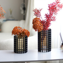 现代简约花器几何艺术网格镂空金属花瓶样板房客厅插花器饰品摆件