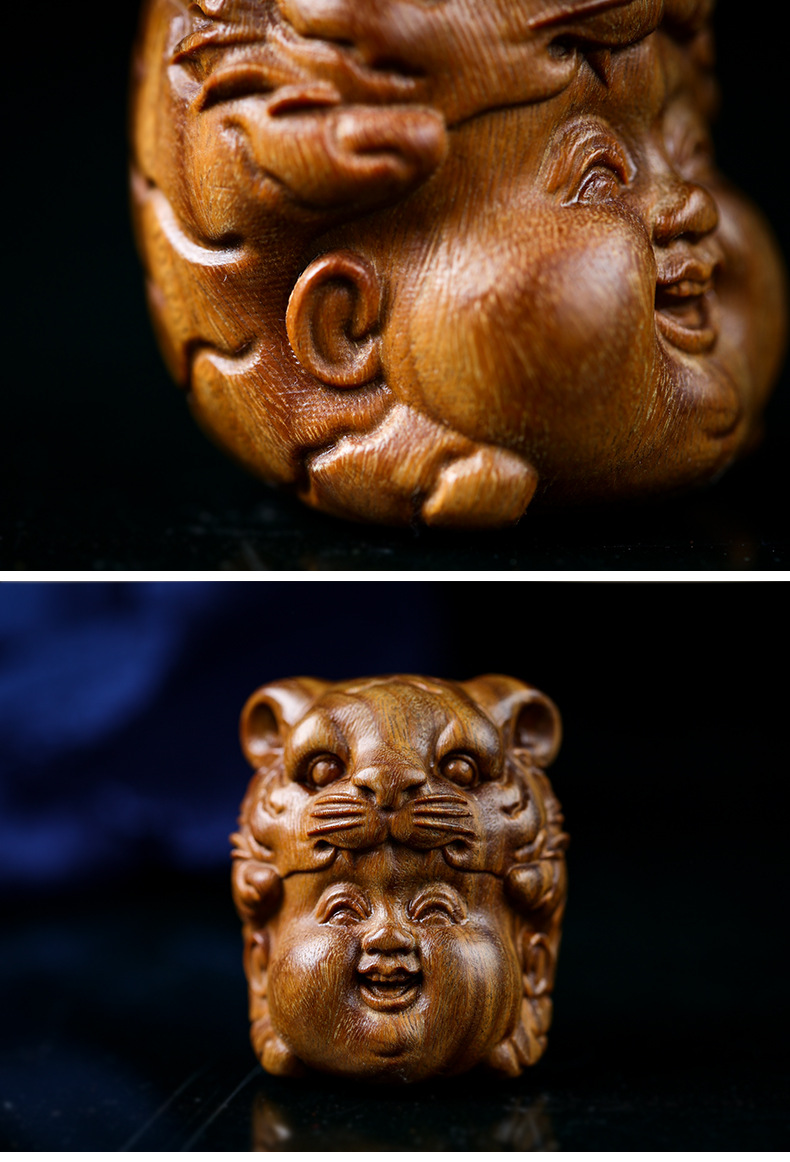 绿檀木雕刻虎宝宝手把件生肖萌虎小老虎头文玩挂件男工艺礼品吊坠