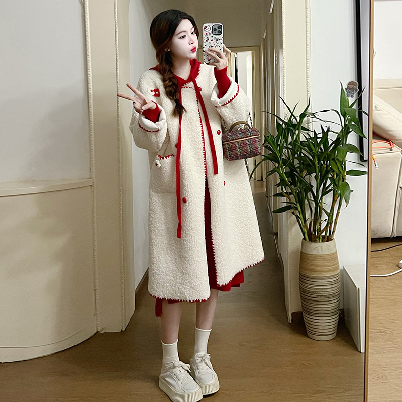 Maternity Dress Real Shot Spot 2023 New Winter Clothes Long Lambswool Baggy Coat + Hooded Maternity Dress