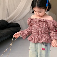 童T恤代发2024春季新品韩女童插肩袖娃娃衫儿童格子一字领T恤衫