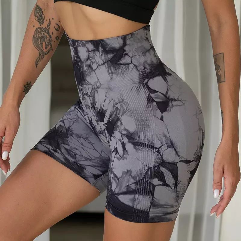 Cross-Border New Arrival Tie-Dyed Three-Point Fitness Pants Women's High Waist Hip Lift Tight Sports Running Peach Belly Contracting Yoga Shorts