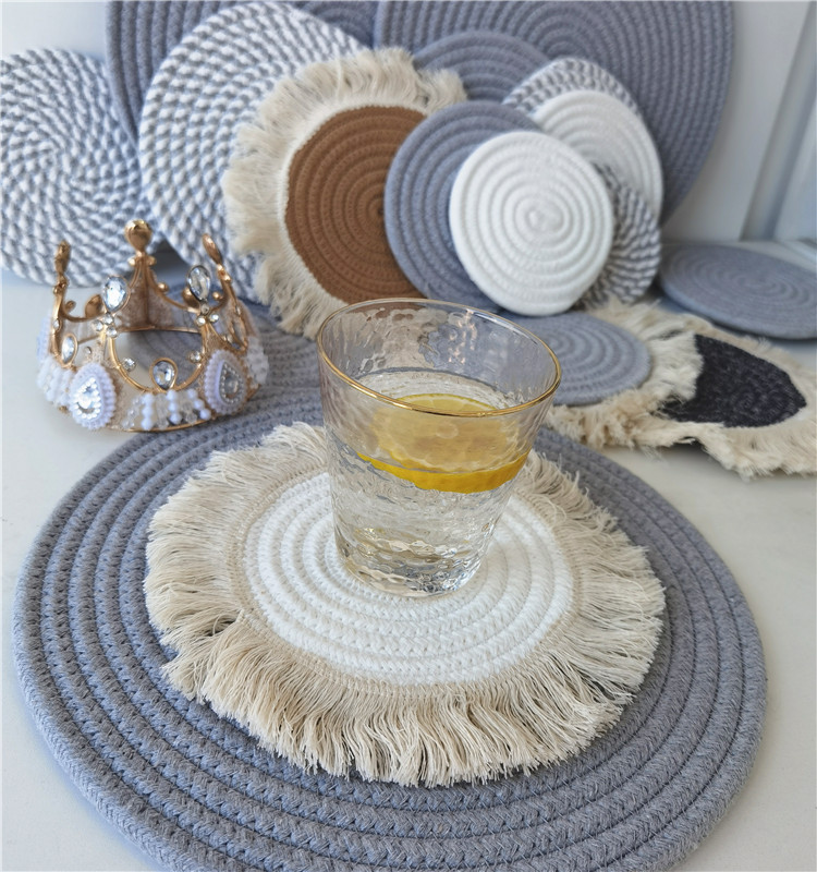 亚马逊棉绳编织杯垫流苏圆形加厚餐垫桌面摆件墙饰隔热碗垫小定制