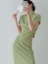 2023春夏新款两件套潮国风改良绿色旗袍新中式裙子设计感提花盘扣