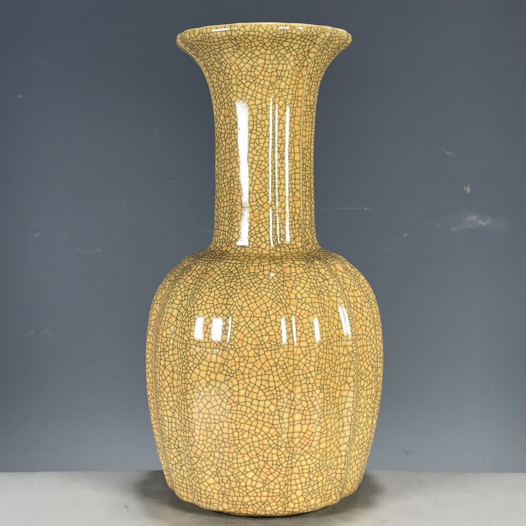 古玩杂项古董旧货宋哥窑金丝铁线开片瓜棱赏瓶摆件收藏品老物件