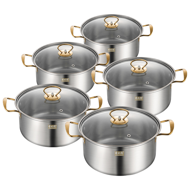 Factory Direct Sales Stainless Steel Pot Set Southeast Asian Kitchen Cookware Soup Pot Set Golden Handle Cooking Pot Set