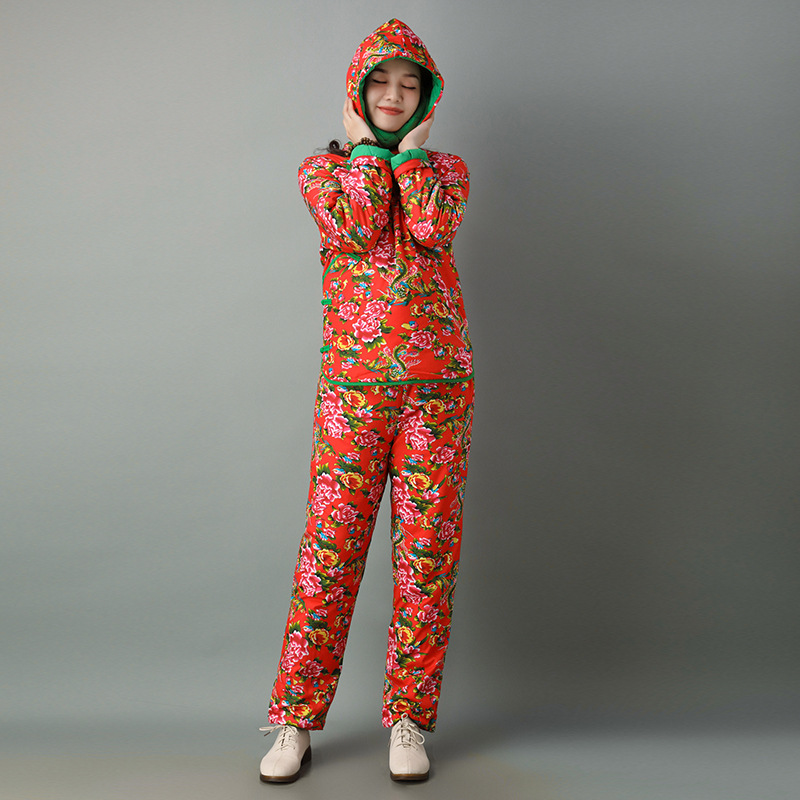东北大花布大棉袄衣服棉衣棉裤套装外穿新款风过年喜庆女装民族风