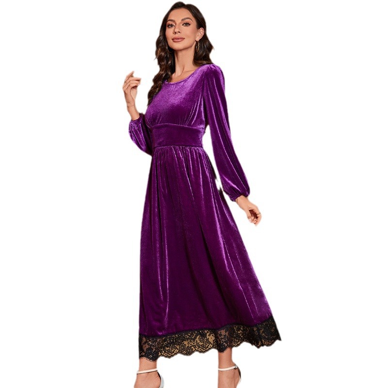 2023跨境欧美外贸秋季新款女装连衣裙圆领勾花蕾丝边欧美ins女装