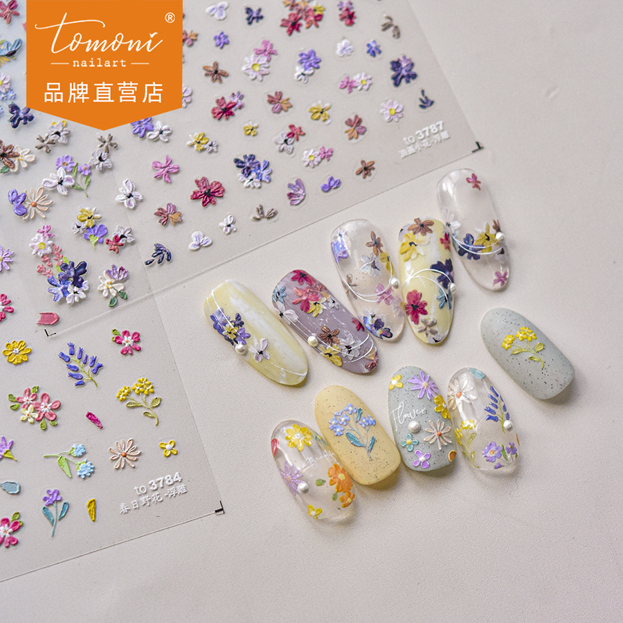 Tomoni Embossed Nail Stickers Popular Retro Nail Sticker Factory Wholesale Japanese Spring Wildflowers 3784