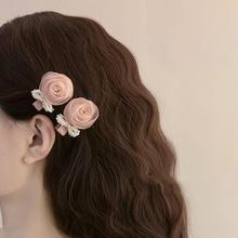 绚烂玫瑰 法式复古粉色花朵发夹 珍珠蝴蝶结刘海边夹仙气少女发饰