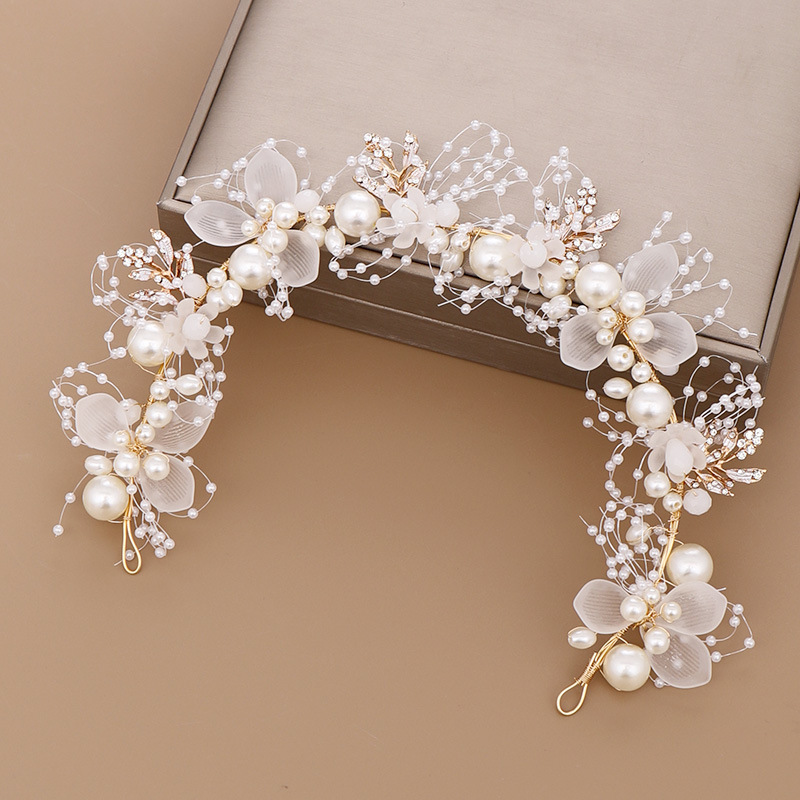 Erqi Bridal Hair Band Hair Accessories New Pearl Flower Hair Band Hand-Woven Golden Leaves Children Headwear