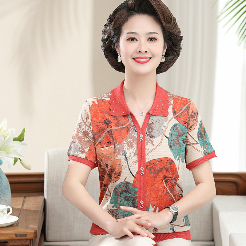 妈妈夏装洋气翻领t恤50岁60中年女装冰丝上衣服中老年人新款衬衣