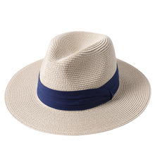 亚马逊新款草帽藏青三折平檐爵士礼帽男女巴拿马春夏季旅游遮阳帽