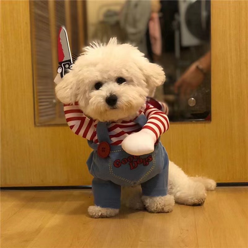 夏季宠物衣服比熊金毛狗狗猫咪搞怪博美柴犬柯基泰迪搞笑拿刀装
