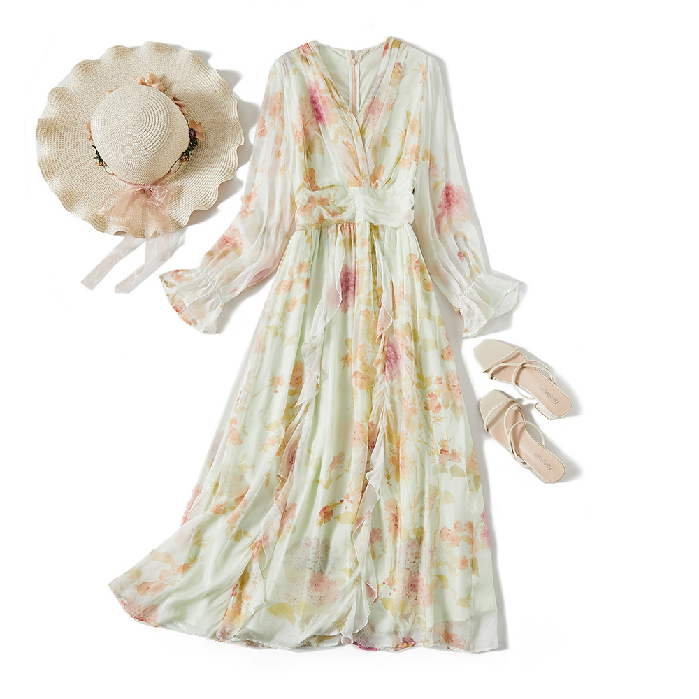 芭碧尔女装真丝连衣裙长袖时尚优雅气质飘逸桑蚕丝长裙子81053