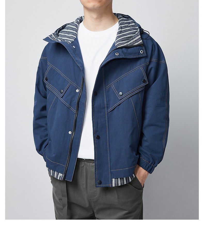 2021春季新款男装插肩袖宽松男士外套 撞色连帽夹克男8569