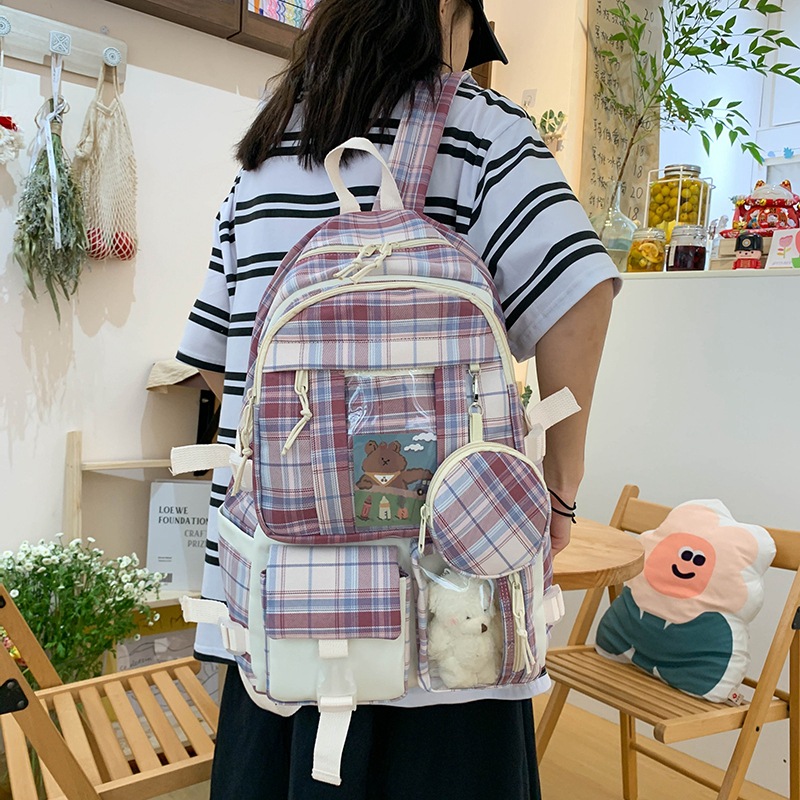 Japanese Fresh Sweet Backpack Korean Style Chic Elegant Student Schoolbag Vintage Style Plaid Preppy Style Canvas Bag