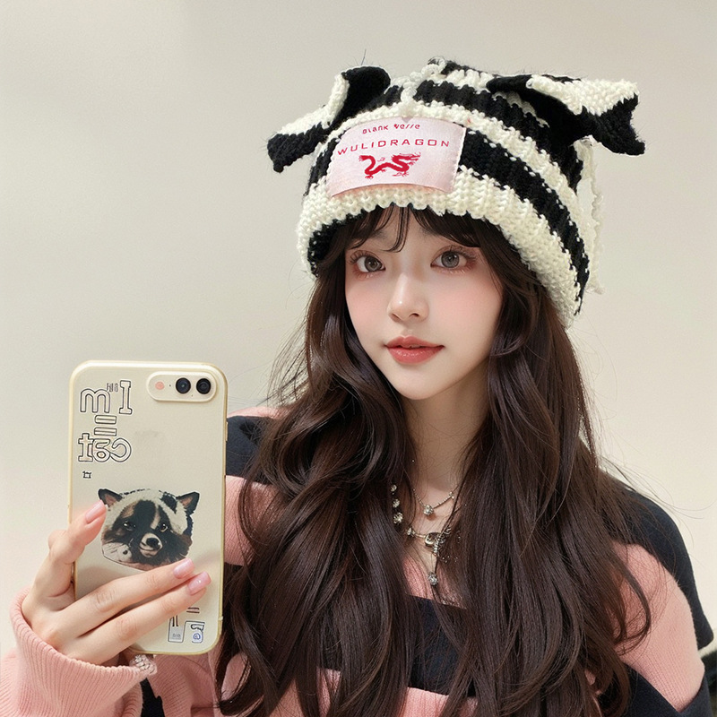 Korean Niche Design Contrast Color Cute Cat Ears Autumn and Winter Woolen Hat Thickened Warm Knitted Hat Children Beanie Hat