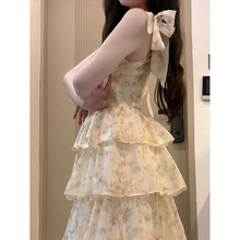 小个子蛋糕裙连衣裙女夏季小众设计蝴蝶结吊带中长裙高腰碎花裙子