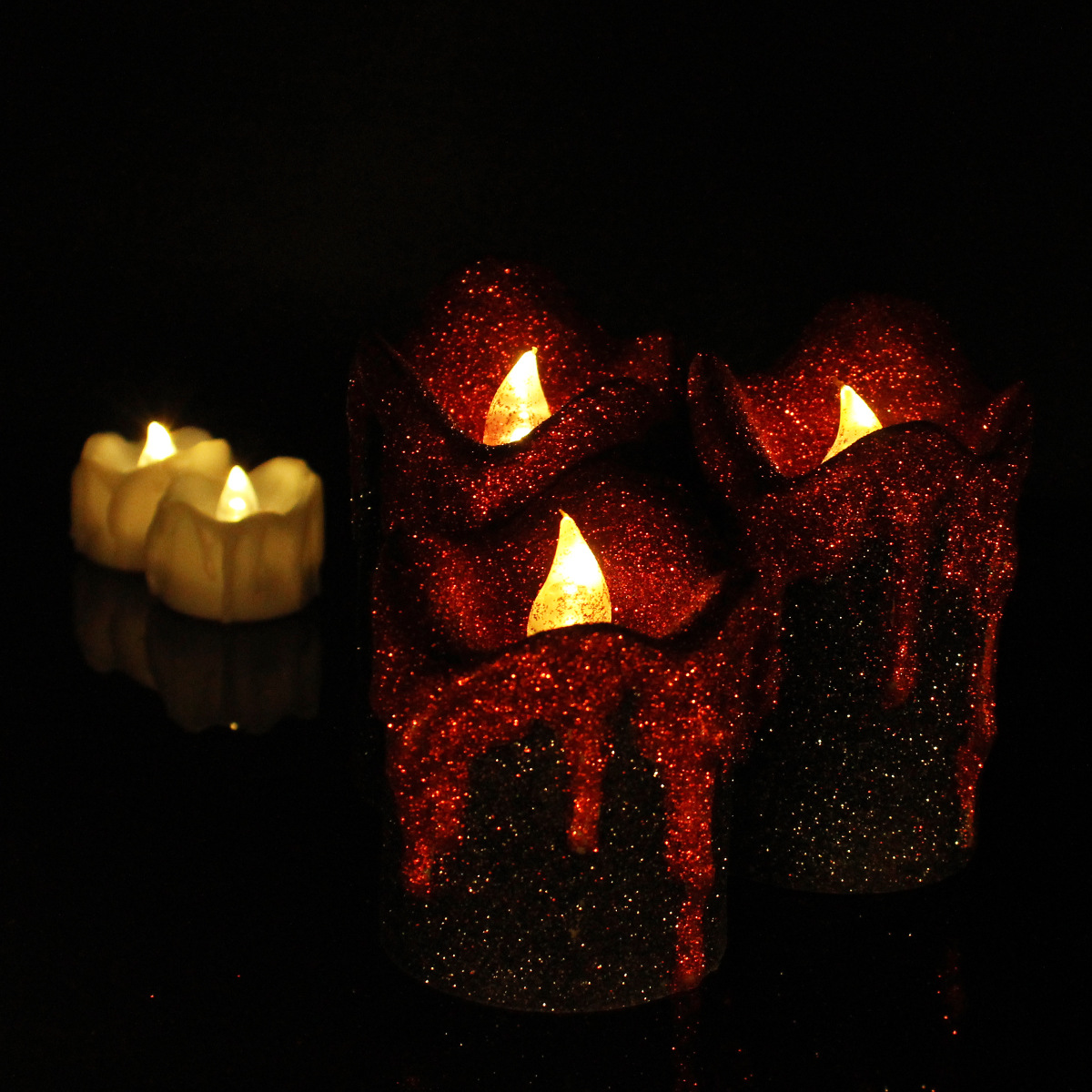 3件套黑底金粉流泪led蜡烛灯 万圣节日装饰布置墓地仿真电子蜡烛