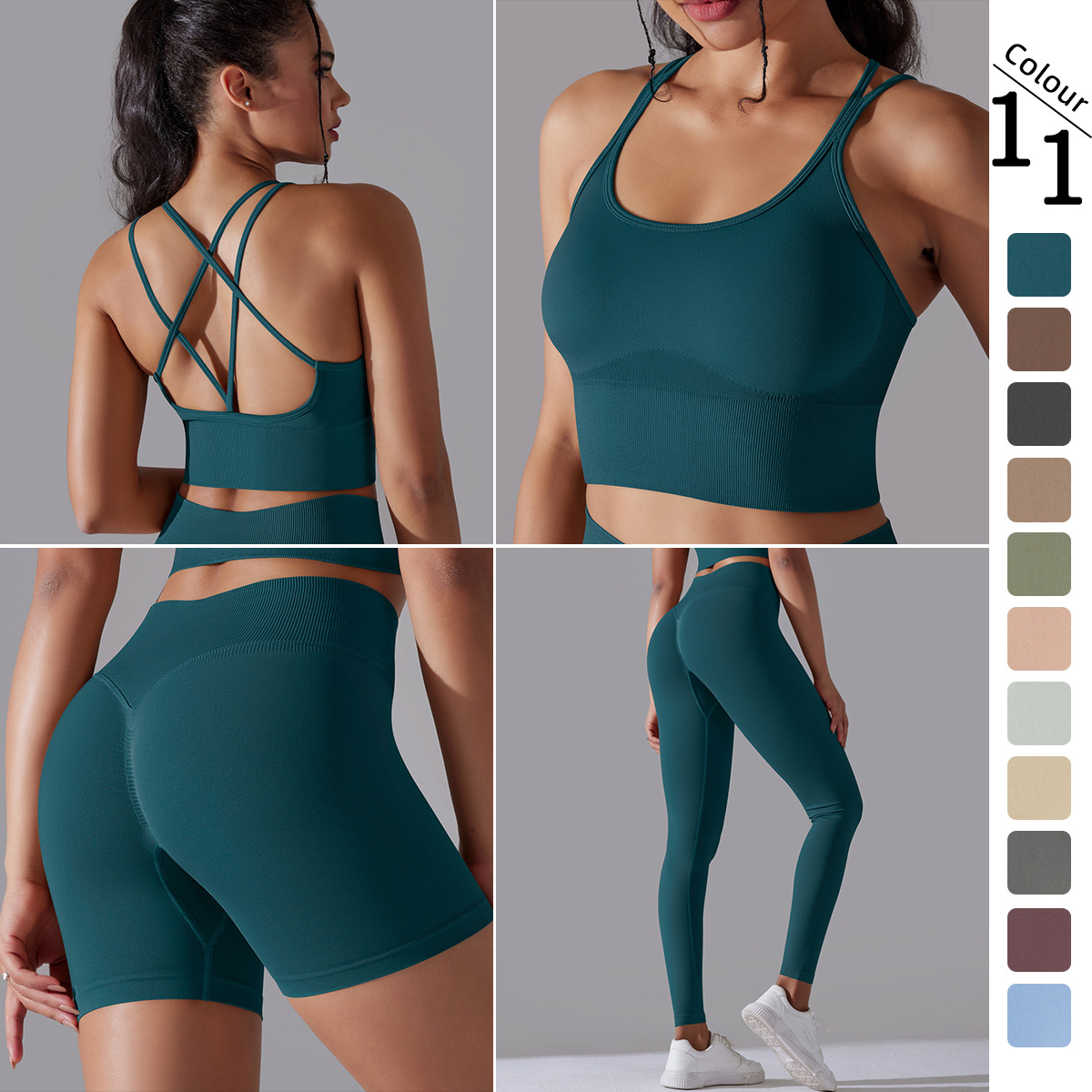 Cross-Border European and American Seamless Solid Color Cross Beauty Back Exercise Bra Vest Yoga Clothes Suit Running Fitness Three-Piece Suit