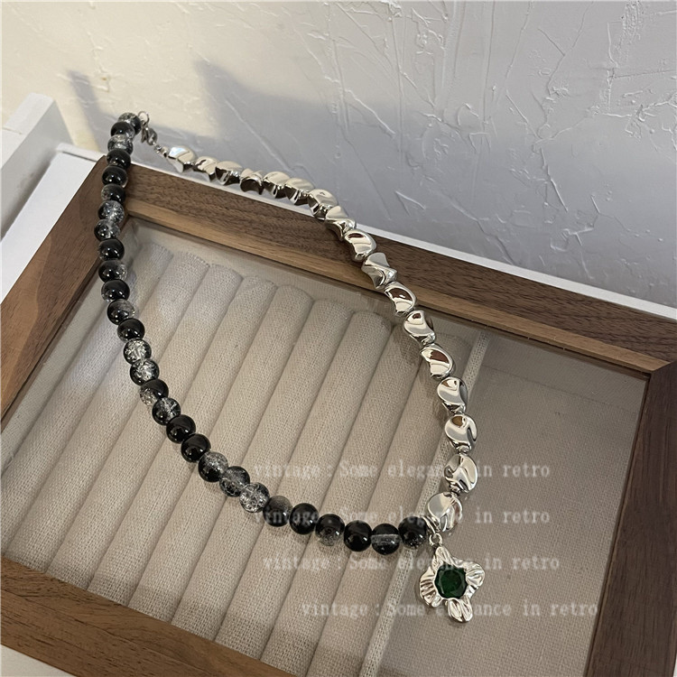Ice Crack Moonstone Black Beaded Necklace Design Titanium Steel Gender-Free Casual Necklace Hip Hop Cool Clavicle Chain