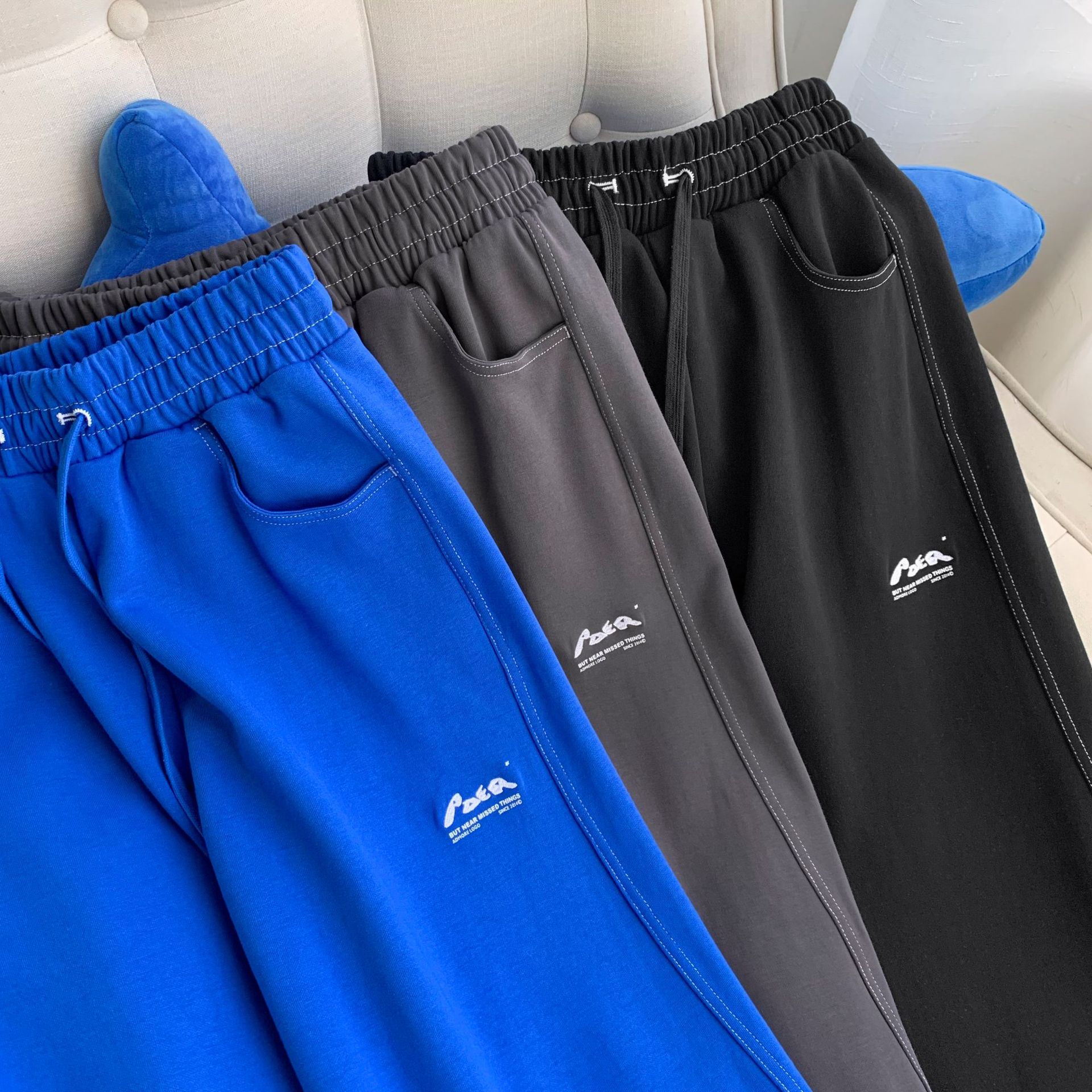 现货 韩国潮牌ader 百搭卫裤春秋经典款健康布拼条皮标情侣款长裤