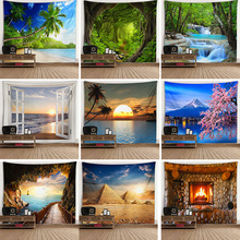 亚马逊新款窗户风景壁画挂毯墙面 背景布 树洞火炉挂布大尺寸壁毯