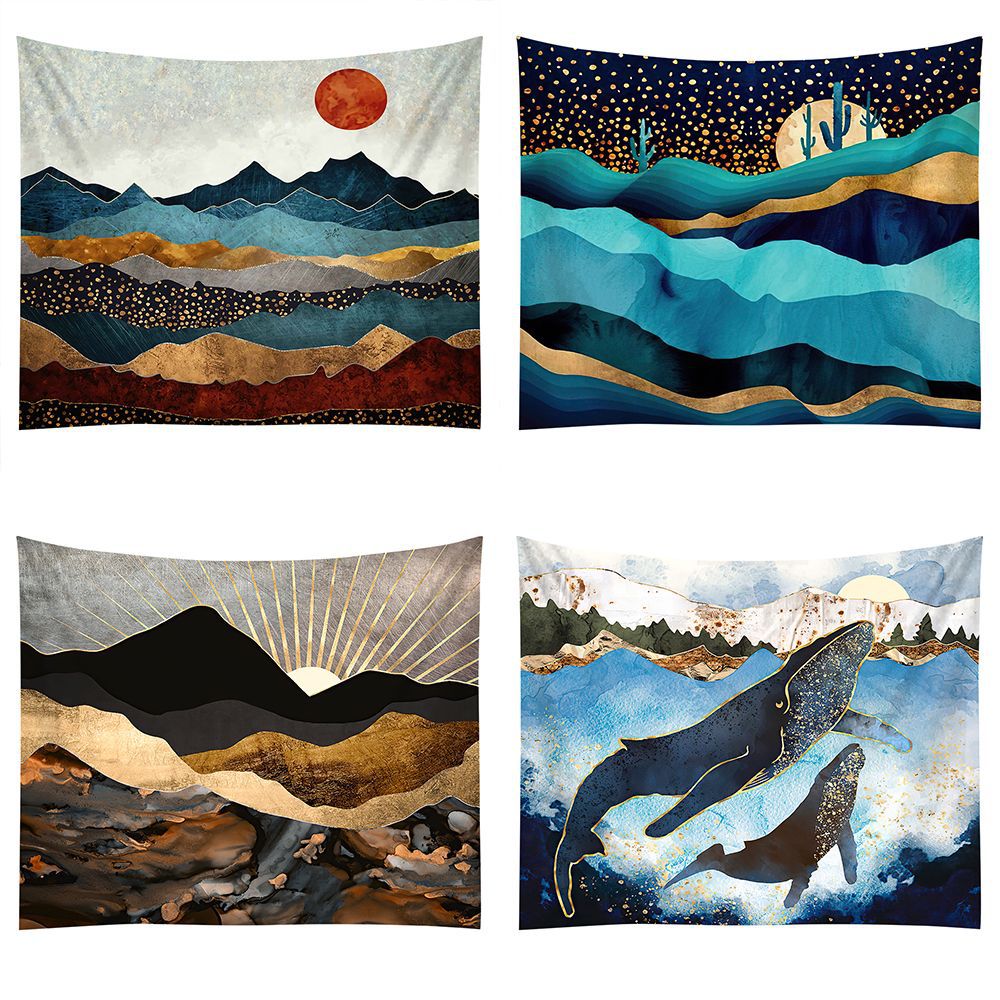 亚马逊家居装饰手绘山水画挂毯卧室地毯床头挂画沙滩巾野餐垫
