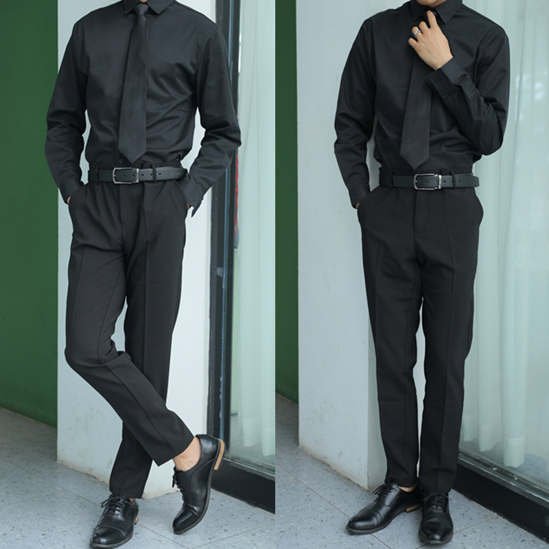 黑色衬衫长袖九分西裤男士一套商务休闲装韩版修身打底衬衣西装裤